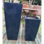 Two contemporary blue painted/lacquered fibre glass planters of square tapered form, the largest