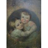 Early 19th century school, study of a pair of brown eyed children embracing, oil on board, no
