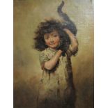19th century continental school - Three quarter length study of a girl holding a black cat on her