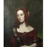 Mid 19th century British school, half length portrait of a lady with auburn hair in ringlets wearing