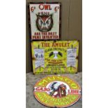 Three vintage style hand painted on board signs of varying shape and size advertising Owl Pens, '