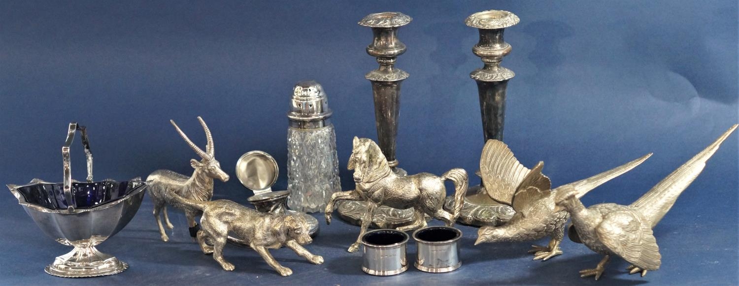 A mixed collection of silver and silver plate comprising a silver ink stand (af) a pair of silver
