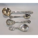 800 standard soup spoon, white metal caddy spoon, another with George and Dragon handle and one