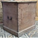 A deep 19th century stripped pine box with drop side carrying handles and exposed dovetail
