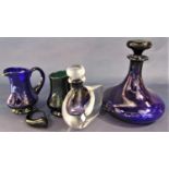 Unusual Art glass scent bottle/decanter of stylised shaped form with amethyst and mottled glass