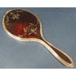 Good quality silver and tortoiseshell piquework hand or dressing mirror, Birmingham 1923, 28 cm long