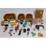 Collection of vintage dolls house furniture including a 1970's style 3 piece suite (one boxful)