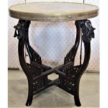 A Chinese hardwood folding occasional table base with pierced fretwork panels and dragons head