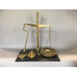 W & D Avery Ltd brass and mahogany balance scale with accessories, 60cm high