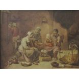 19th century continental school - a Dutch style interior scene with family preparing a meal,