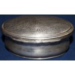 Queen Anne oval baluster snuff box, the hinged lid engraved with Latin text framing a shield