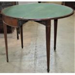A Georgian mixed wood demi-lune foldover top card table with moulded outline raised on four