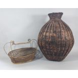 Finely worked 19th century wickerwork basket with repeating geometric detail with central handle and