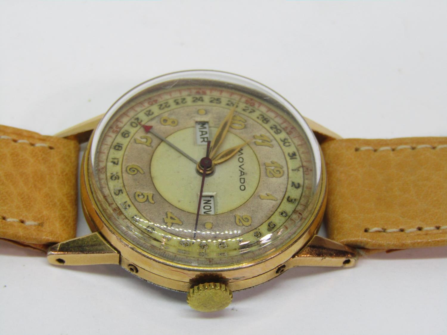 Good 1950s Movado triple date pointer calendograph gents wristwatch, the textured dial with gilt - Image 3 of 7