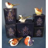 A collection of five Royal Crown Derby paperweights in the form of birds comprising a pied