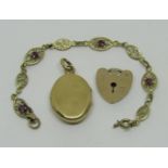Yellow metal locket, 9ct ruby bracelet and a heart padlock clasp, 9.3g total (af) (3)