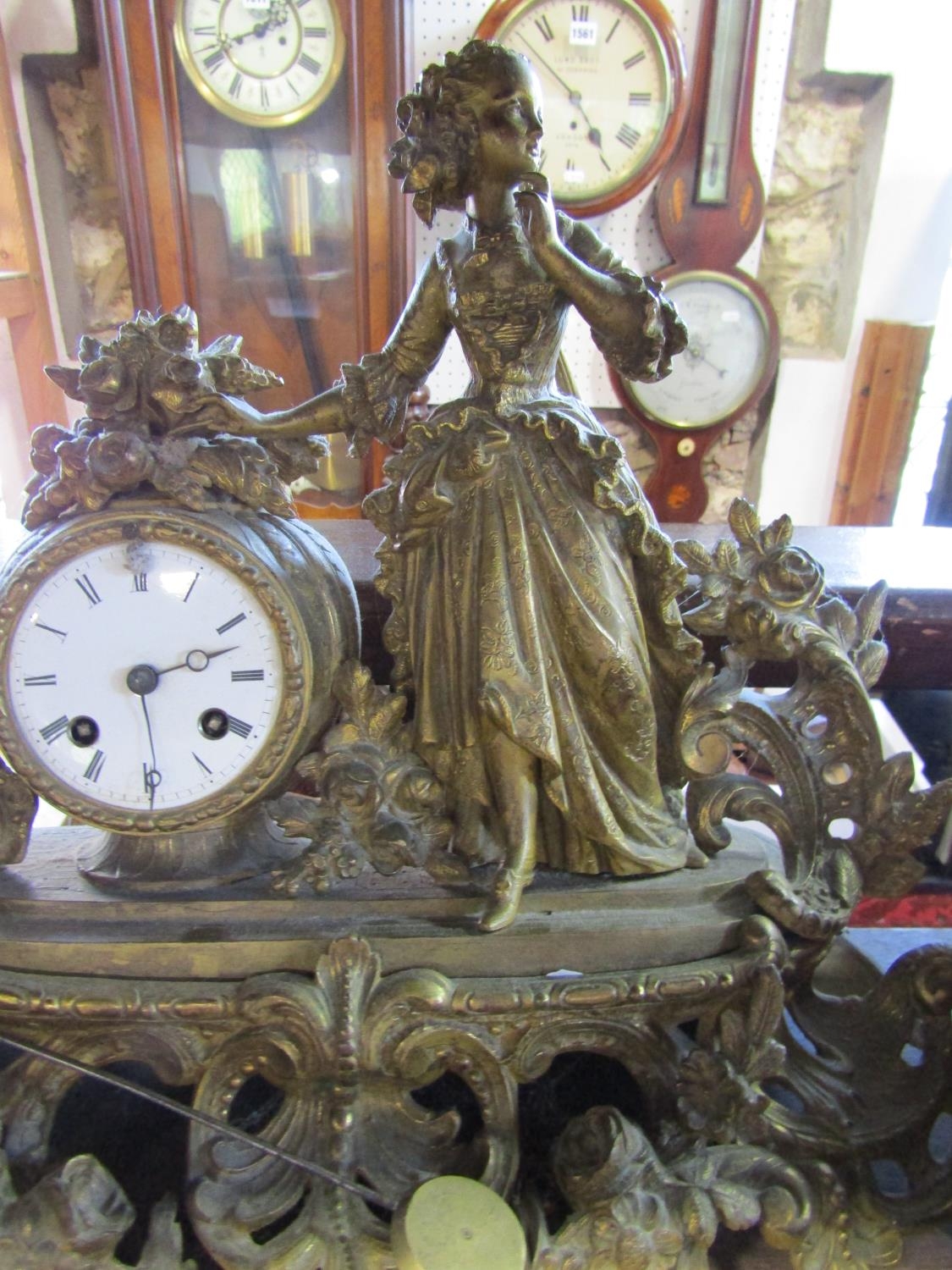 19th century gilt brass mantel clock in the romantic style, with female character floral bouquets, - Image 3 of 4