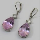 Pair of 18ct white gold pear cut amethyst and princess cut white sapphire drop earrings, 4.2cm L