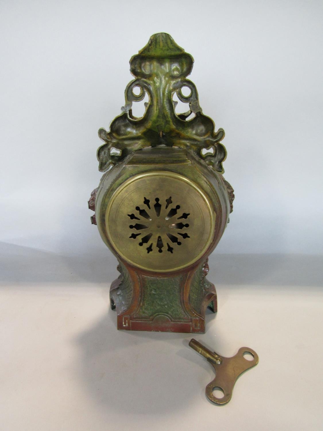 Late 19th century French painted spelter mantel clock, the casework with dolphin, floral, scroll and - Image 3 of 4