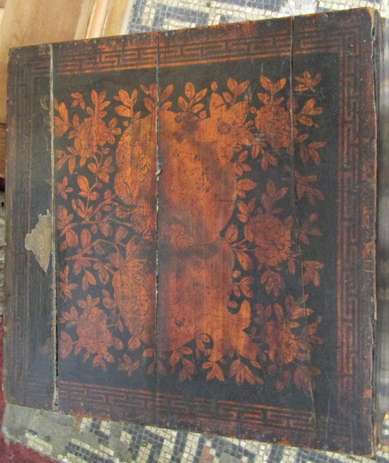 An antique Chinese lacquered wooden box with pen work detail of butterflies, flowers, Chinese - Image 2 of 2