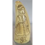 An antique scrimshaw with pin work decoration of a standing female character and further bust