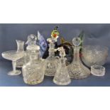 A collection of glassware to include decanters, jugs, bowls, a Murano glass clown, fish and