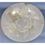 Frosted moulded glass plafonnier/ceiling light in the manner of Lalique, decorated with various