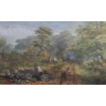 19th century British School, woodland scene with stone wall mender, figure at a style, etc,