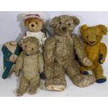 3 vintage teddy bears including an early 20th century bear in need of restoration with boot button