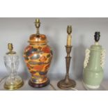 Four table lamps including a celadon glazed example, cut glass vase shaped lamp and two others (4)