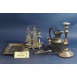 A box containing a large quantity of silver plated wares comprising three branch candelabra,