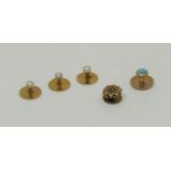 Group of dress studs comprising three yellow metal and pearl examples, a 15ct turquoise example