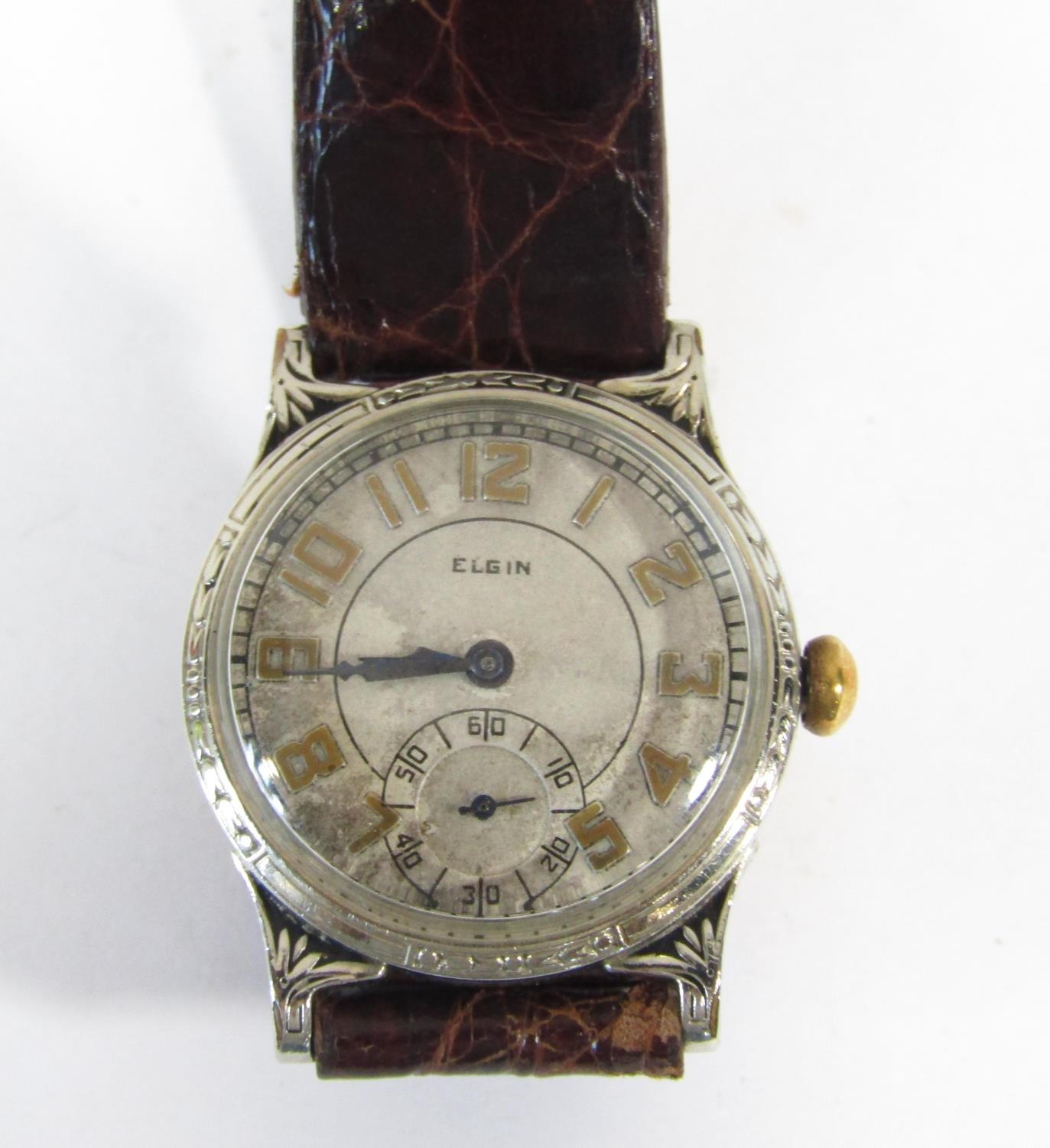 Good rare Art Deco Elgin mid size gents wristwatch, with white gold plated engraved casework, - Image 3 of 4