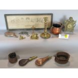 Box of miscellaneous brassware, etc, to include brass letterbox, dairy measures, games counter,