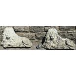A matched pair of reclaimed flatback garden ornaments in the form of recumbent lions with flowing