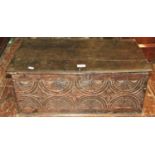 An 18th century oak bible box of typical simple construction, with repeating geometric detail to the