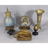 A heavy Eastern trumpet shaped brass vase, a brass table bell, an aesthetic period pot pourri in