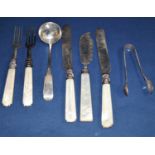 Two pairs of silver bladed knives and forks, with pearl handles, a further Georgian pearl handled