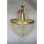 A cut glass and brass frame ceiling hanging basket, shade and one other