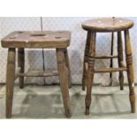 Two country made elm and ashwood stools of varying design