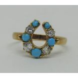 Antique diamond and turquoise horseshoe ring in yellow metal, size G, 1.7g