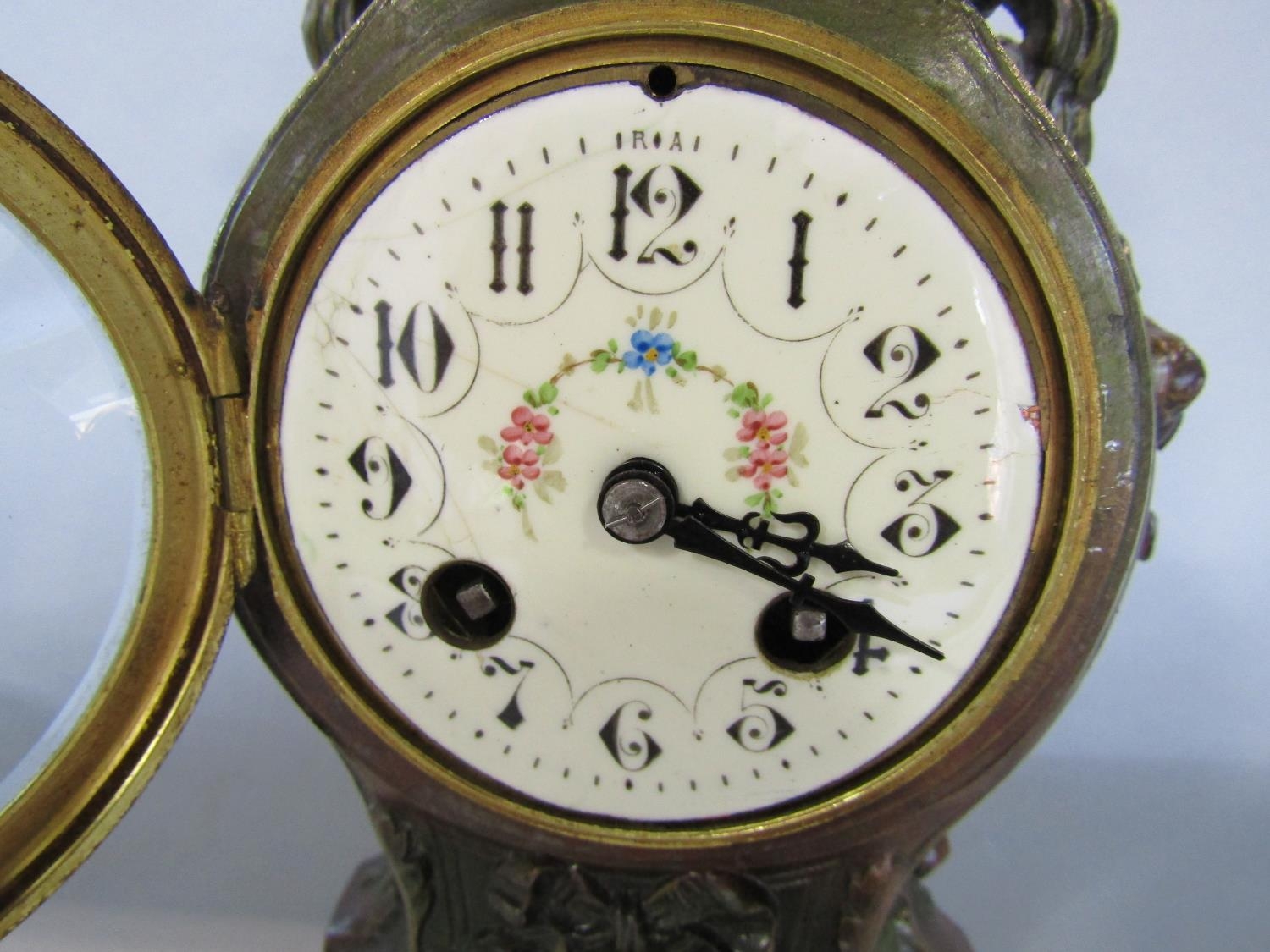 Late 19th century French painted spelter mantel clock, the casework with dolphin, floral, scroll and - Image 2 of 4