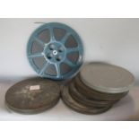 Six vintage reels of 15 mm film, cinema standard, examples 800 ft in length, unknown subject, one