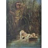 19th century continental school, Moses in the Bull Rushes, print on board with over painted