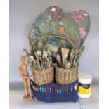 A quantity of artists brushes, small mannikin, pallets, etc