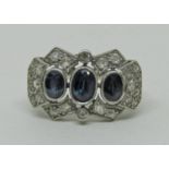 Art Deco blue topaz and diamond ring in white metal, size M, 5.6g