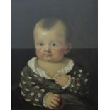 Mid 19th century British school - Half length study of a baby in Tudor style costume holding an