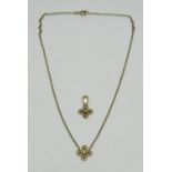 Early 20th century 15ct necklace with fixed quatrefoil pendant set with seed pearls, 35.5cm L
