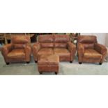 A contemporary stitched tan leather upholstered Art Deco style four piece club suite comprising