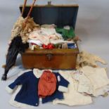 Metal trunk containing vintage baby and dolls clothes including a 'Chilprufe' woollen gown, lace